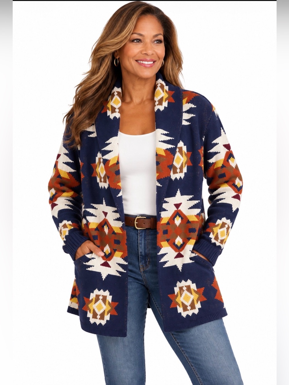 Lucky Brand Aztec Southwestern Open Front Cardigan Navy Multicolor Size Small